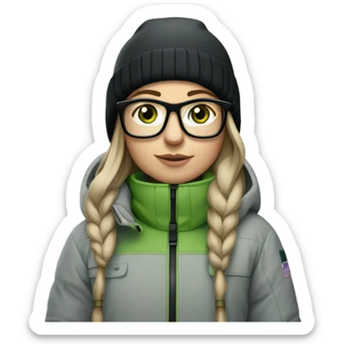 Green-eyed, slightly overweight female skier with long straight hair, glasses, light grey snow jacket, long black pants, black only snow boots, wearing black skis standing tall. sticker