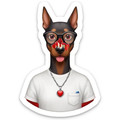 Generate a emoji of a big evil doberman dog with red eyes and a tongue sticking out, give the doberman a human body with a white shirt and baggy jeans, make the doberman have ear piercings and a septum ring, make the dog have black circular glasses with a red tint sticker