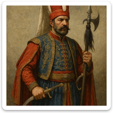 an Ottoman Janissary, historical Turkish soldier, in full ceremonial uniform, detailed and expressive sticker