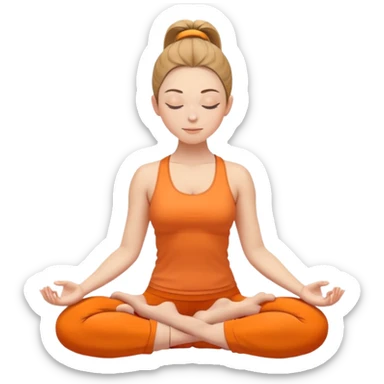 caucasian woman with ponytail in lotus position meditating, eyes closed with a slight smile, peaceful expression, orange yoga clothes sticker