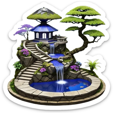 Alien saucer poolhouse jungle winding narrow stairway fountain koi pond mountainside -island getaway nighttime landscape antique mudman very old broken cracked intricate Stone Age lapis-crusted irregular dodecagon-shaped shallow dark moss rough bark violet serissa flowered maple tree bonsai sticker