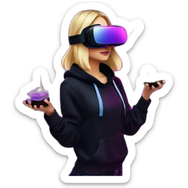 Russian blondy girl celebrating her birthday wearing a black hoodie and VR headset in a cyberpunk VR environment with violet neon lighting sticker