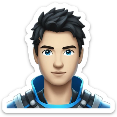 22 years old boy with black medium hair, blue light armor, bright and light blue eyes and lightning super powers sticker