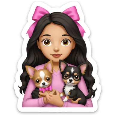 A girl with light to medium skin with olive skin tone, with long black hair with wavy bottom. Holding a chihuahua dog wearing a ribbon sticker