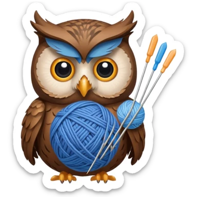 Owl holding blue yarn ball and knitting needles sticker