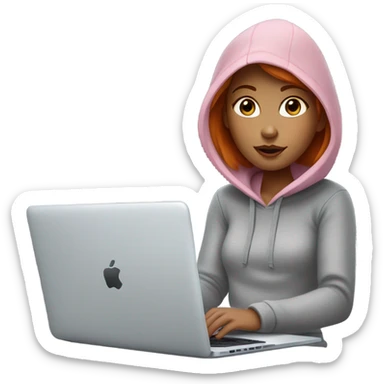 girl with straight short red hair, big pinky lips, big eyes, calm face, in gray hoodie works on macbook sticker
