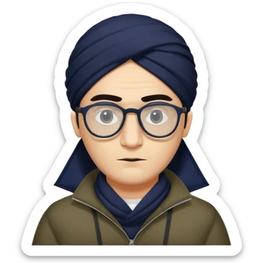 A kashmiri  criminal daku whose white face is somewhat triangular and  wears specs sticker