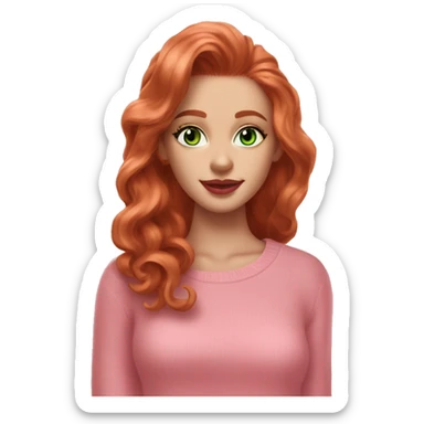 Redhead girl pink sweater pink lipstick green eyes gold earrings pink nails wavy long hair full body sticker