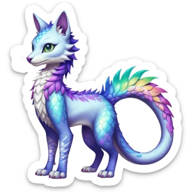 Kawaii iridescent beautiful pretty elegant divine edgy fantasy feline-vernid-sergal-fursona-animal-creature with a tufted tail and accessories, full body with intricate markings  sticker