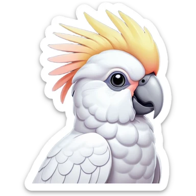Cinematic Noble Cockatoo Portrait Emoji, Poised and regal, with a striking, crest-adorned head of brilliant white and pastel hues, a robust, curved beak, and piercing, intelligent eyes, Simplified yet sharp and sophisticated features, highly detailed, glowing with a soft, tropical luminescence, high shine, intelligent and majestic, stylized with an air of avian elegance, focused and alert, soft glowing outline, capturing the essence of a watchful and confident cockatoo that appears ready to unfurl its crest out of the screen with effortless authority! sticker
