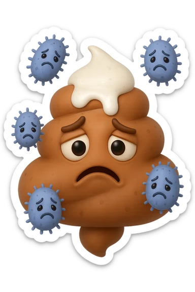 emoji stile iphone 3d di una cacca con muco bianco sopra, dietro cui fluttuano batteri intestinali tristi, iperrealistiche 4k sticker