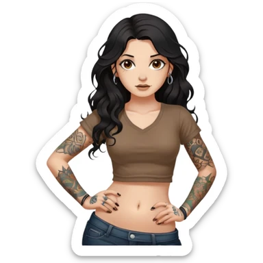 A girl with fair skin and a little fat - long black hair with big waves - tattoos on her arms - wearing a brown navel-revealing short-sleeved shirt - with a navel piercing sticker