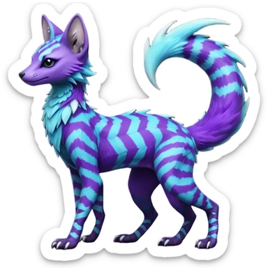 Feral Rare Fantasy  Lightning-strike-zig-zag-patterned striking purple-indigo-violet-blue-cyan-gradients with black points, white underside, galactic stormy edgy badass realistic Vernid-Sergal-Genet-Trico-species by LiLaiRa, random markings, tufted tail, tufted ears, full body sticker