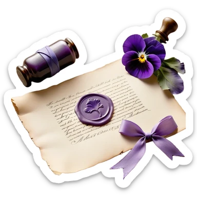 A dusty lilac-colored wax seal, pressed onto a letter with an intricate pansy emblem, rests atop a stack of aged parchment tied with a frayed lavender ribbon. Beside it, a frosted glass bottle of violet ink, its stopper slightly askew, sits near a scattering of delicate, hand-painted ceramic pansy petals, as though left behind from an artist’s fleeting inspiration.
 sticker