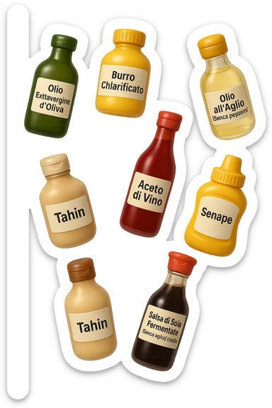 emoji stile iphone 3d di questi elementi che fluttuano in aria sparsi casualmente:

Olio extravergine d’oliva, burro chiarificato
Olio all’aglio (senza pezzetti)
Aceto di vino, aceto di riso, senape, tahin
Salsa di soia fermentata (senza aglio/cipolla)


 che fluttuano sparse casualmente in aria, le etichette dei prodotti scrivile in italiano, iperealistico 4k sticker