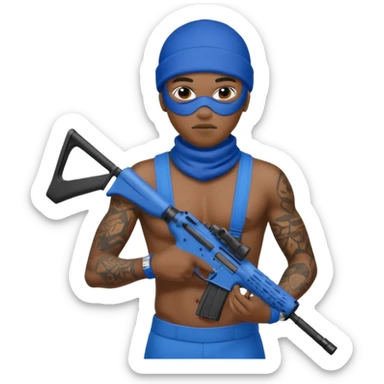 Ebony gang member in blue with ski mask no shirt tattoos covering body holding a AR15 sticker