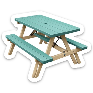 simple rectangular picnic table with attached benches, soft teal color, straight vertical legs, small wheels underneath, flat wood-style silhouette, muted teal tone, clean geometry, minimal shading, slightly theatrical sticker