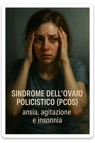 vertical realistic illustration of a woman with polycystic ovary syndrome, visibly anxious, agitated, and insomniac. Worried expression, tired eyes, clinical atmosphere, dramatic lighting, Italian captions, aspect ratio 2:3 sticker