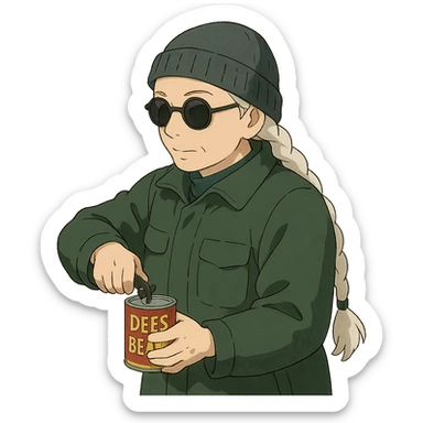 1 female, long white braid, knit cap, dark sunglasses, DARK GREEN HUNTER JACKET, USING A SMALL BLACK HANDHELD CANOPENER TO OPEN A CAN OF DEES BEANS sticker