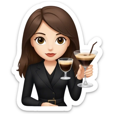 brunette hair down girl black clothes holding an espresso martini sticker