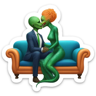 A reptilian alien woman in orange dress kissing human man in blue dress, on sofa sticker