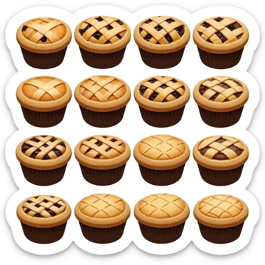 Baking community avatar in clean emoji-style illustration. Pies, cookies, and muffins grouped together, warm golden tones, simple shapes, flat design, high contrast, cozy and friendly. sticker