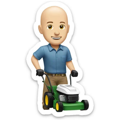 A bald white man pushing a mini lawn mower sticker