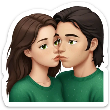 Young guy with black slightly long hair kissing a young woman with brown hair and  green sweater and only the woman has very light freckles on the woman’s face only and the guy has brown eyes with the emoji made so there is no part that is cut off sticker