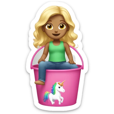 Caucasian female two year-old with blonde hair,  riding a pink unicorn with rainbow colored hair inside of a green bucket sticker