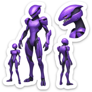 A purple Reptile-Raptor-Genesect-Mewtwo-Fakémon, with a futuristic visor-helmet, wearing a techwear-suit, Full Body sticker