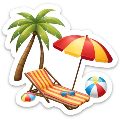 Icon for Beach Tourism: a sandy beach with a beach umbrella, with the ocean landscape in the background, flip-flops, a towel and a beach ball. The icon should capture the relaxation and fun of beach vacations. Transparent background. sticker