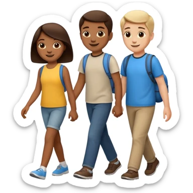 iOS emoji style. 2 friends and a child walking and talking.  sticker