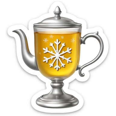 3D emoji of a traditional
Russian tea glass in an ornate silver metal holder (podstakannik). Hot tea with a lemon slice, visible steam forming a small snowflake shape. High-end glossy 3D
 sticker