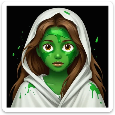 Girl with long brown hair wearing a big white sheet with a shiny face and green paint stroke randomly splattered on her clothes and face sticker