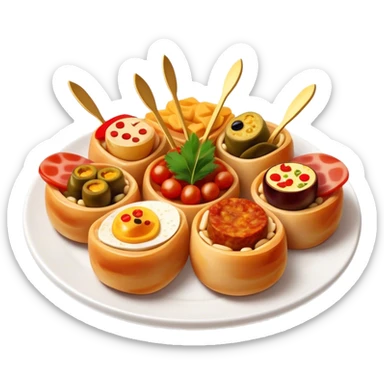 Tapas (4 Pintxos) Cinematic Realistic Tapas Dish Emoji, depicted as an assortment of 4 pintxos elegantly arranged on a plate, rendered with lifelike textures and vibrant, inviting lighting. sticker
