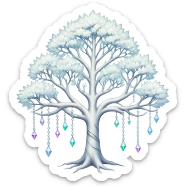 Spiritual magical ethereal white tree with iridescent crystals hanging in it sticker