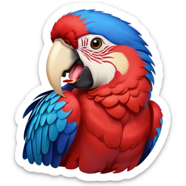 Cinematic Realistic Cute Yawning Macaw Portrait Emoji, Head tilted slightly with a dramatic, wide-open yawn, showcasing a soft, downy arrangement of vivid scarlet and blue feathers with gently drooping features and half-closed, drowsy eyes, rendered with lifelike feather detail and natural lighting, high shine, relaxed yet expressive, styled with a dash of tropical whimsy, soft glowing outline, capturing the essence of a sleepy yet affectionate macaw that appears ready to rest its wings in a quiet, enchanted moment! sticker