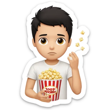 generate a pretty tan bratz boy with black messy hair eating popcorn and watching tv, wearing white tshirt sticker