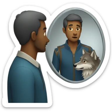  a man looking at a mirror and seeing a human looking wolf sticker
