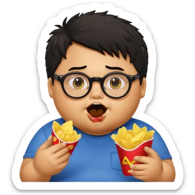 generate a pretty bratz boy with spectacles on, fat, tan. Black hair messy. eating chips sticker