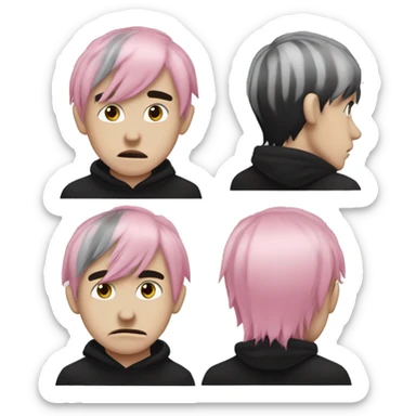 Create an emoji of an emo guy with split-dyed hair (one side pastel pink, the other side black), wearing black clothes and a subtle sad expression, inspired by the style of Lil Peep. sticker