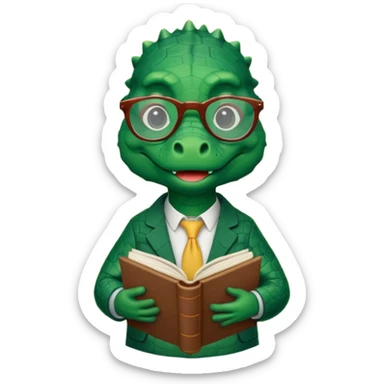 A claymation-style academic alligator. The background is a solid white circle sticker