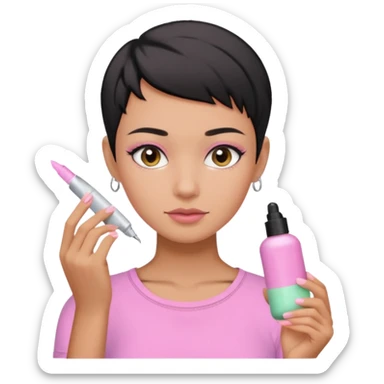 tan girl with no makeup pink shirt with black hair & a pixie, cut no earrings, doing pastel colors skin care sticker