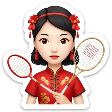 ancient geongsam girl with 1 badminton racket, red sticker