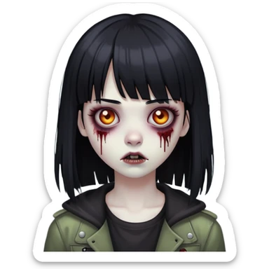 uma menina zumbi com cabelo preto e liso e uma franja. ela tem um estilo meio emo sticker