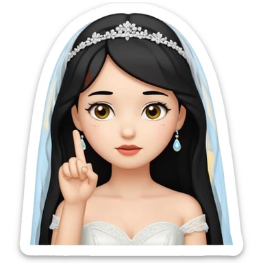 Black-haired bride in a white wedding dress and veil, curious expression, pointing to her head with her index finger, cute emoji style. sticker