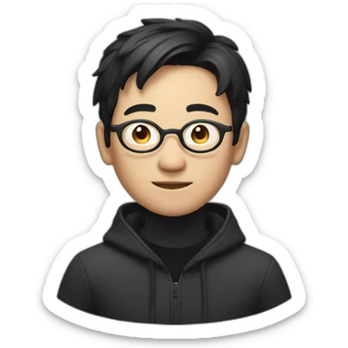 A mature Chinese boy with black hair and circle-shaped eyeglasses wearing black hoodie sticker