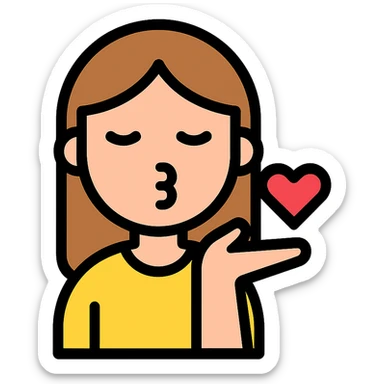 icon of a light-skinned girl with straight, light brown hair blowing a kiss towards the screen, minimal and clear design, simple modern style, clean lines sticker