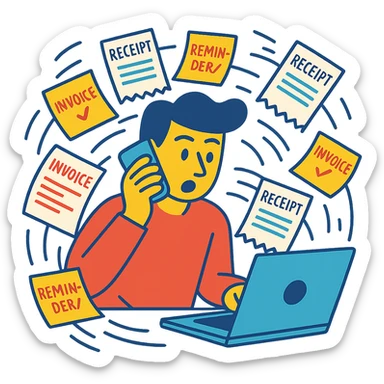 person holding a phone in one hand, laptop open in front, storm of receipts, invoices, and reminders swirling around, multitasking chaos sticker