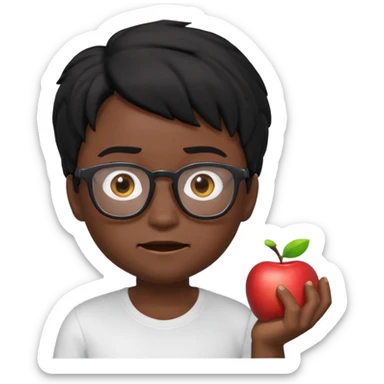 3D cartoon emoji portrait of a young character with black skin, messy black hair, big expressive brown eyes, wearing glasses and a white t-shirt, realistic shading, Pixar-style lighting, smooth texture, cute and slightly funny expression, high-quality render, white background, Apple Memoji style sticker